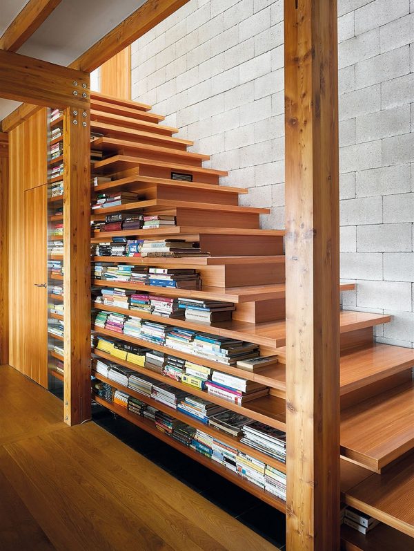 timber stairs with in built book storage